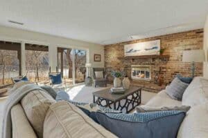 Cozy family room with wood burning fireplace